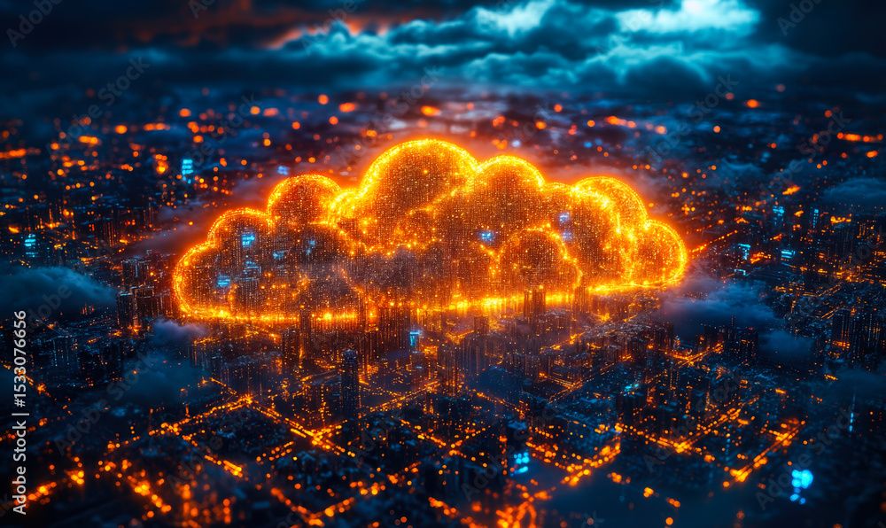 Poster glowing orange digital cloud symbol hovering over illuminated cityscape at night representing cloud 
