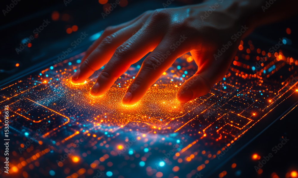 Poster human hand interacting with glowing digital touchscreen interface with orange and blue futuristic da