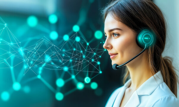 Young woman healthcare professional wearing headset with microphone interacting with digital network and artificial intelligence concept in futuristic medical technology environment - Powered by Adobe