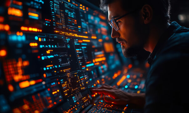 Man analyzing complex digital data on futuristic control panels with multiple interactive screens and neon interface in dark room environment for technology monitoring and software development