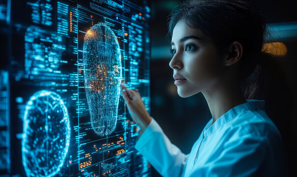 Female scientist analyzing digital brain scan hologram on futuristic transparent display in dark high tech laboratory environment for medical research and neuroscience innovation