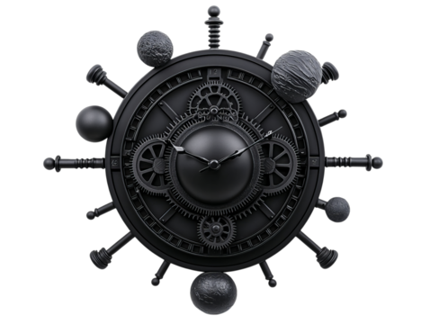 A striking black clock design featuring intricate gears and planetary motifs, exuding a sense of time's cosmic nature.