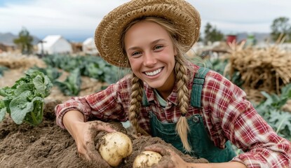Smiling young woman with blonde hair and braids harvesting potatoes on a farm, wearing a straw hat and plaid shirt. Agriculture, rural life, happiness, and sustainable food concept.