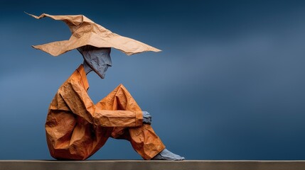 Origami-style figure with orange robe and pointed hat sits alone against a blue sky. Artistic, fantasy, solitude, and creative concept with surreal paper sculpture effect.