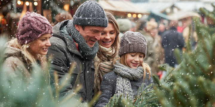 family choosing christmas tree at market - Powered by Adobe