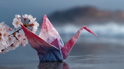 Origami crane with red and blue paper sits by delicate cherry blossom branch on a reflective surface, soft background, peaceful, minimal, Japanese style, tradition, spring, art, handcrafted, zen.