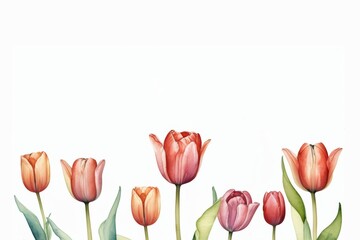 watercolor  illustration of a red tulips background copy space center horizontal banner. tulip spring flower vector backdrop.