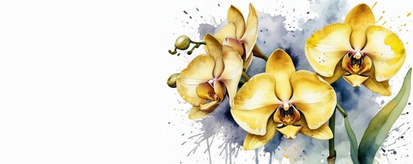 yellow exotic orchid flower isolated on white horizontal banner copy space left