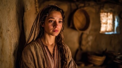 A young Jewish woman, Mary, in a humble, rustic home in Nazareth, her expression a mixture of awe, confusion, and humility.