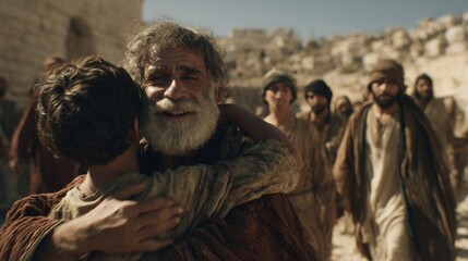 Father filled with joy embracing younger son on dusty road powerful biblical scene of the prodigal son's return.