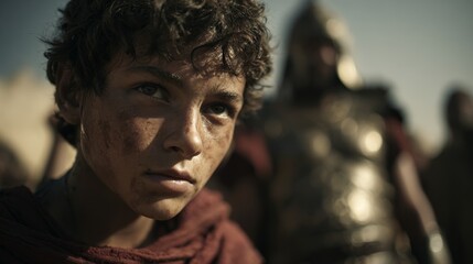 A young shepherd boy, David, with a determined gaze on the battlefield in the Valley of Elah, armed only with a sling.