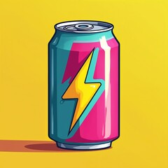 Bright, vibrant energy drink can illustration with lightning bolt graphic. Pop art style, used in gaming and esports. Refreshing drink for summer, fun, stylish modern design.