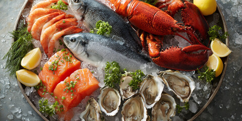 fresh seafood display on crushed ice
