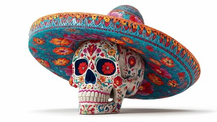 Colorful sugar skull celebrates cultural heritage with vibrant sombrero at a lively fiesta in a festive outdoor setting