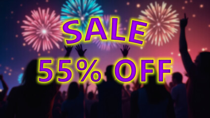 A large group of enthusiastic people silhouetted against a colorful fireworks display in the night sky,with the text "55% off" prominently displayed in the center.