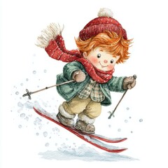 Fototapeta premium Watercolor illustration of a red-haired child skiing in a green coat and red winter hat and scarf in snow