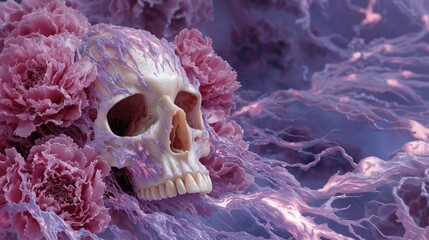 Surreal skull surrounded by pink flowers and flowing organic textures in soft purple light. Artistic, fantasy, mysterious and conceptual scene about life, death and nature.