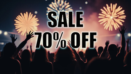 Crowd of enthusiastic people against a vibrant night sky filled with colorful fireworks, with the text "70% off" prominently displayed in large letters.