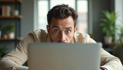 Astonished man stares at laptop screen in home office. Male face expresses surprise shock looking at digital device. Concept of online news, data, work from home.