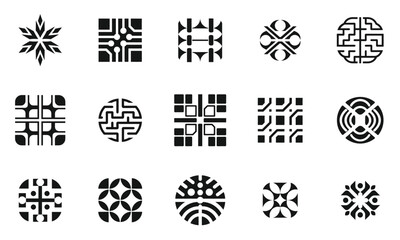 A collection of intricate black and white geometric patterns showcasing various designs. Each shape presents a unique symmetry, creating an aesthetic visual appeal.