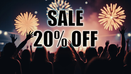 A large group of enthusiastic people silhouetted against a colorful fireworks display in the night sky,with the text "20% off" prominently displayed in the center.