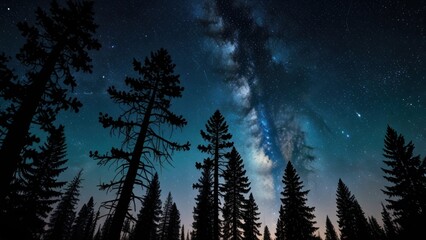 Vibrant Night Sky Full of Milky Way Stars Above Pine Forest Line



