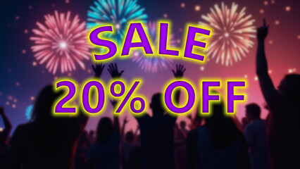 Crowd of enthusiastic people against a vibrant night sky filled with colorful fireworks, with the text "20% off" prominently displayed in large letters.