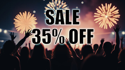 A large group of enthusiastic people silhouetted against a colorful fireworks display in the night sky,with the text "35% off" prominently displayed in the center.
