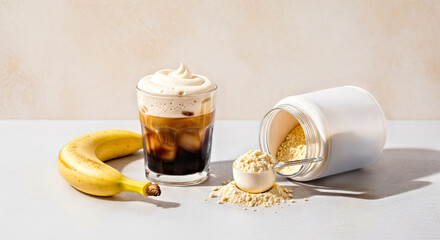 Iced Coffee with Cold Foam Topping, Banana, Protein Powder Scoop and Opened Jar Standing On Surface with Soft Light Colored Background