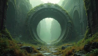 Fototapeta premium AI-generated illustration of ancient alien ruins on unknown planet. Massive arched structures overgrown with green moss, fog. Mysterious atmosphere, celestial world, lost civilization, space