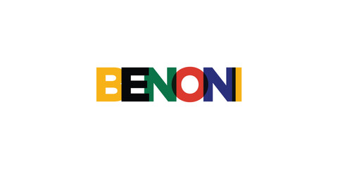 Benoni in the South Africa emblem. The design features a geometric style, vector illustration with bold typography in a modern font. The graphic slogan lettering.
