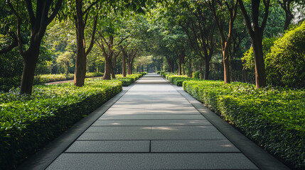 Obraz premium Smooth Concrete Walkways Surrounded by Lush Greenery Leading to a Minimalist Public Building or Park