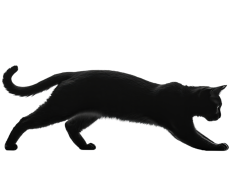 A graceful black cat stretching elegantly, highlighted against a white background.
