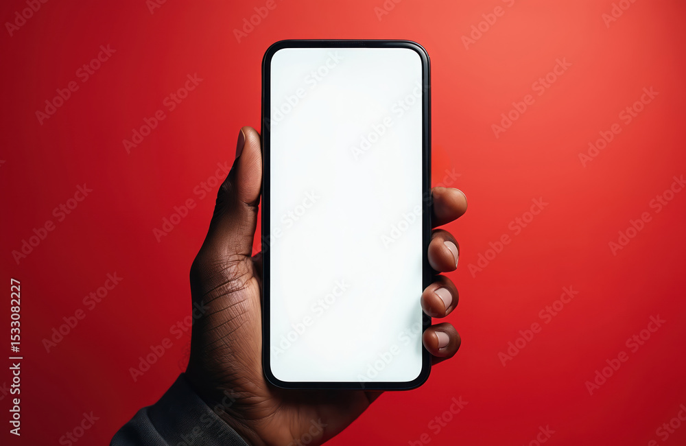 Poster Black man holds blank smartphone mockup against vibrant red backdrop. Device with white screen, perfect for app display or website presentation. Hand using tech. Copy space for advertisement.