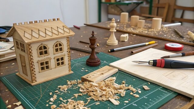 Wooden house and chess piece carving workshop