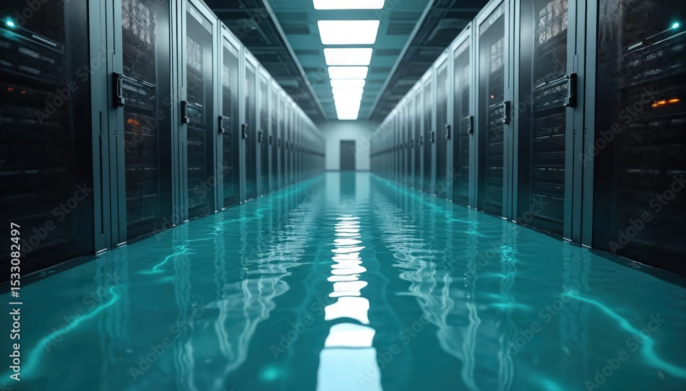 Poster flooded data center server room. water covers floor causing major critical infrastructure disaster. 