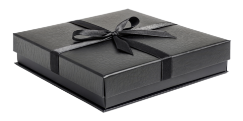 Black Gift Box with Black Ribbon Bow, Isolated on Transparent Background, Gift Packaging Mockup, Presentation, Gift box, Black ribbon, Packaging