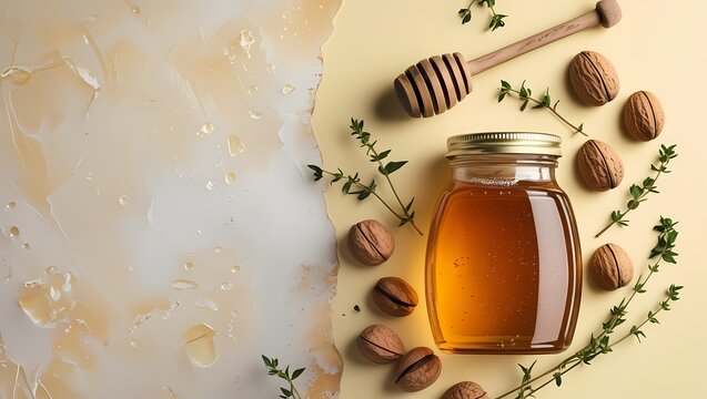 Natural honey with nuts and herbs displayed on a light background for culinary inspiration