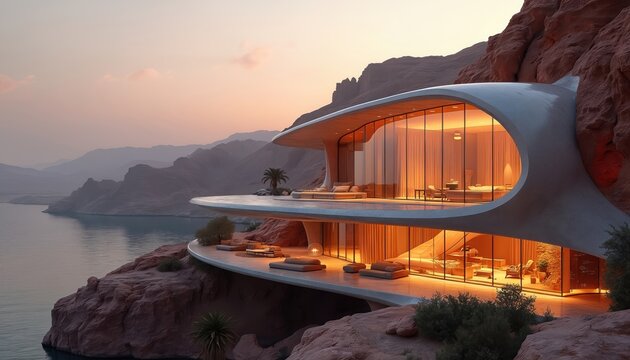 Futuristic eco-friendly luxury resort in Neom Saudi Arabia. Modern architecture with glass walls, breathtaking scenic view on water at sunset. Sustainable design for holiday travel, vacation, tour.