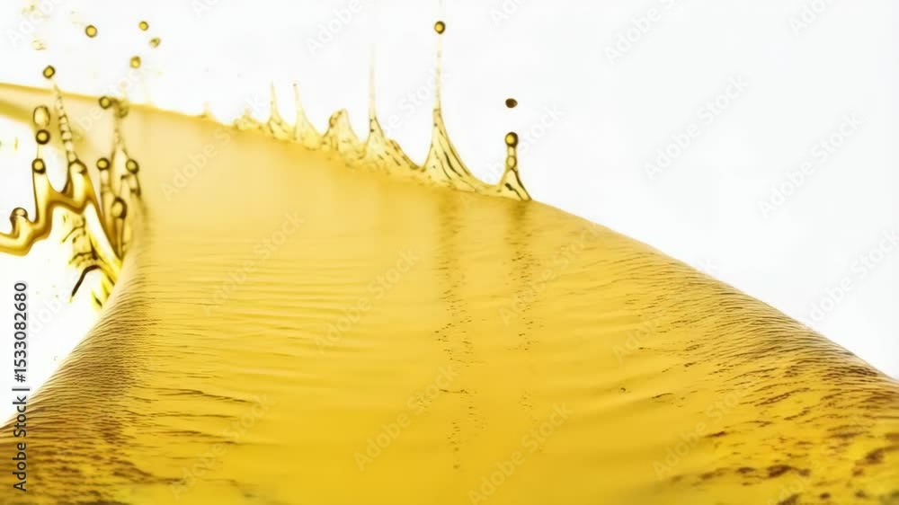 Poster dynamic slow motion shot of golden liquid splash, cascade of dripping syrup with bubbles on white ba