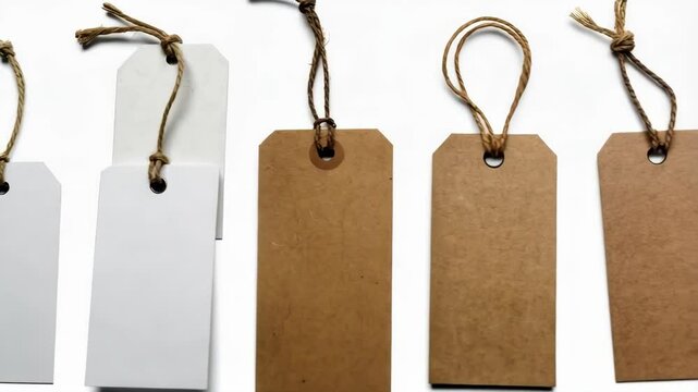 Assortment of blank white and brown paper tags with looped natural fiber string, isolated on a white background for product labeling