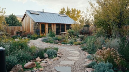 Charming rustic house surrounded by vibrant garden with diverse flowers, natural stone path, and serene greenery landscape