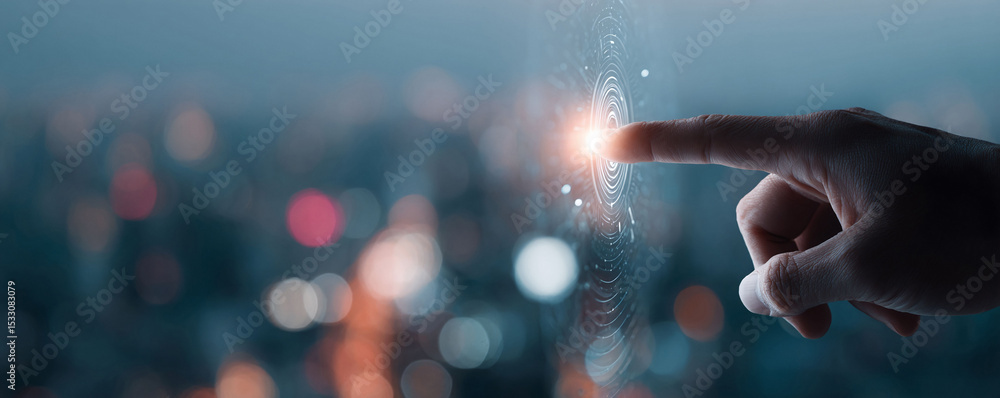 Aufkleber a fingertip gently touches a glowing, circular digital interface, symbolizing connection and technol