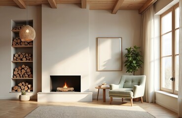Fototapeta premium Modern Scandinavian style interior design. Fireplace with wood storage, cozy living room, bright home decor, wooden furniture, natural light from big window, room with frame. Warm atmosphere.