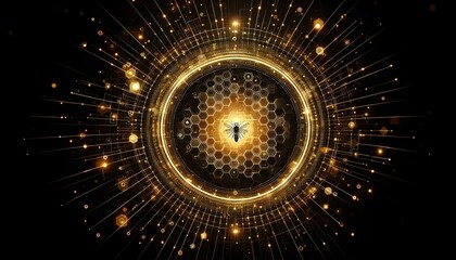 A futuristic black and gold honeycomb grid was designed with glowing lines and high contrast tech background