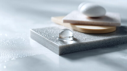 Abstract studio shot featuring geometric shapes, water droplets, and a clean, modern aesthetic. Ideal for backgrounds, cosmetics, skincare, and promoting natural products.