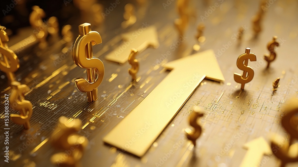 Poster golden abstract diagram with floating currency and directional elements