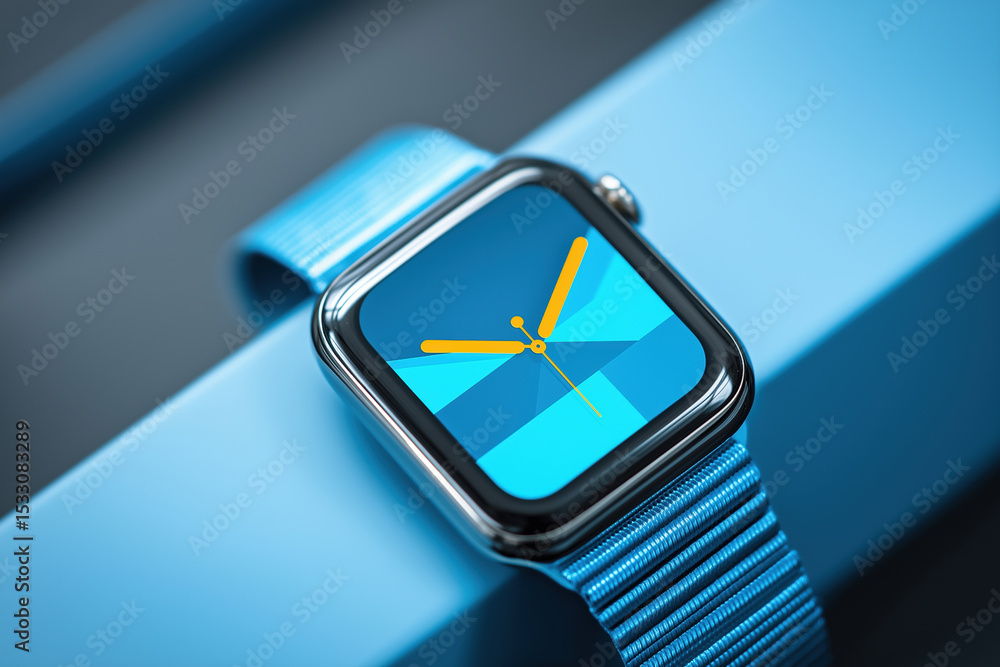 Poster stylish blue smartwatch with modern design and vibrant display on minimal background
