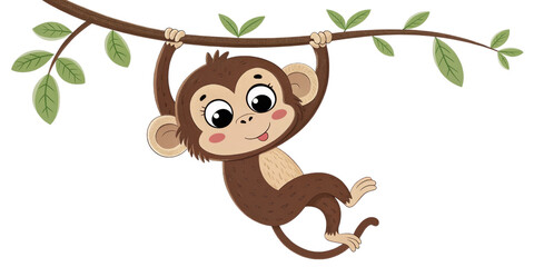 Cute Monkey Hanging on Branch, Cartoon Illustration, Isolated on Transparent Background, Jungle Animal, Baby Monkey, Animal, Cartoon, Illustration