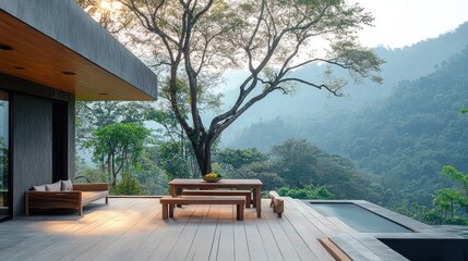 Modern Outdoor Living Space with Scenic Mountain View and Relaxing Atmosphere at Sunrise